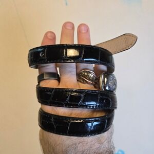 Etienne Aigner Leather Belt Black Gold Tone Crocodile Texture 36" Womens Medium